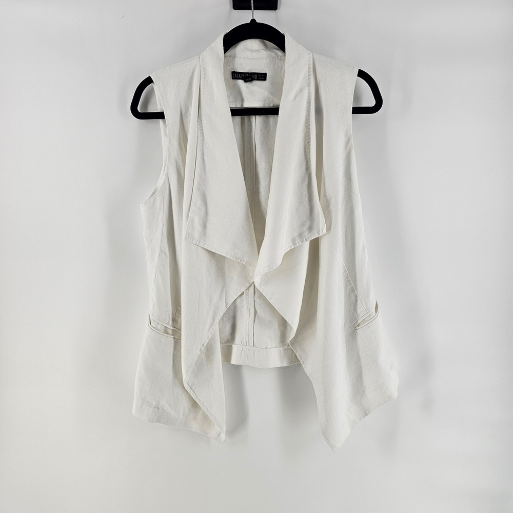 Lafayette 148 100% Linen Vest 8 White Draped Open Front Career Soft Girl Capsule